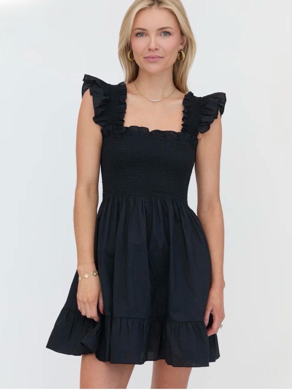Hill House Elizabeth Nap Dress Black Smocked Ruffle Mini Dress